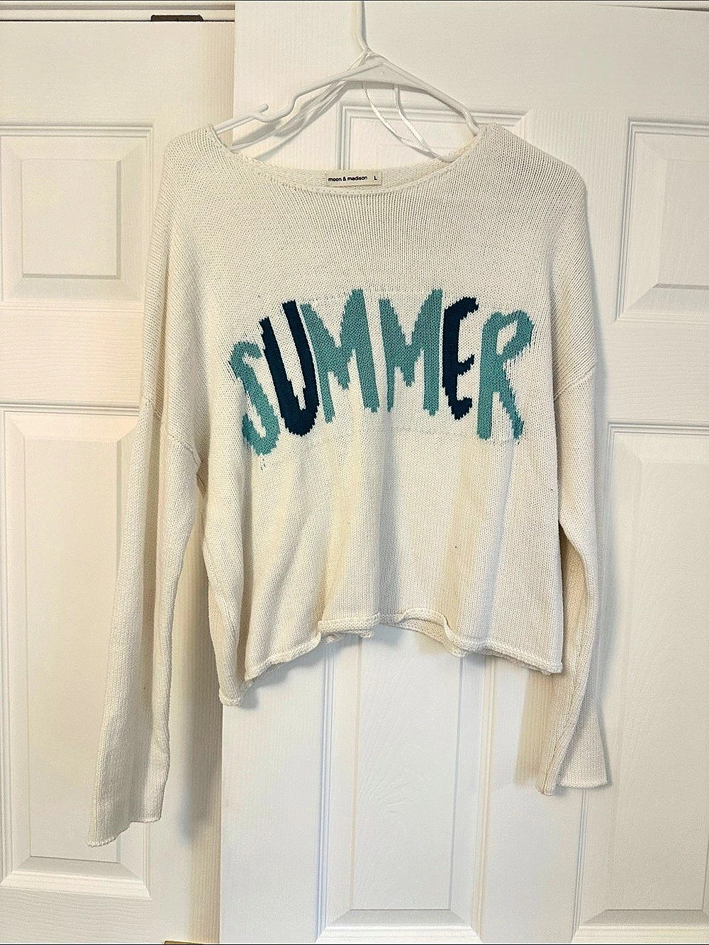 Moon & Madison Summer Script Knit Sweater Cream & Blue